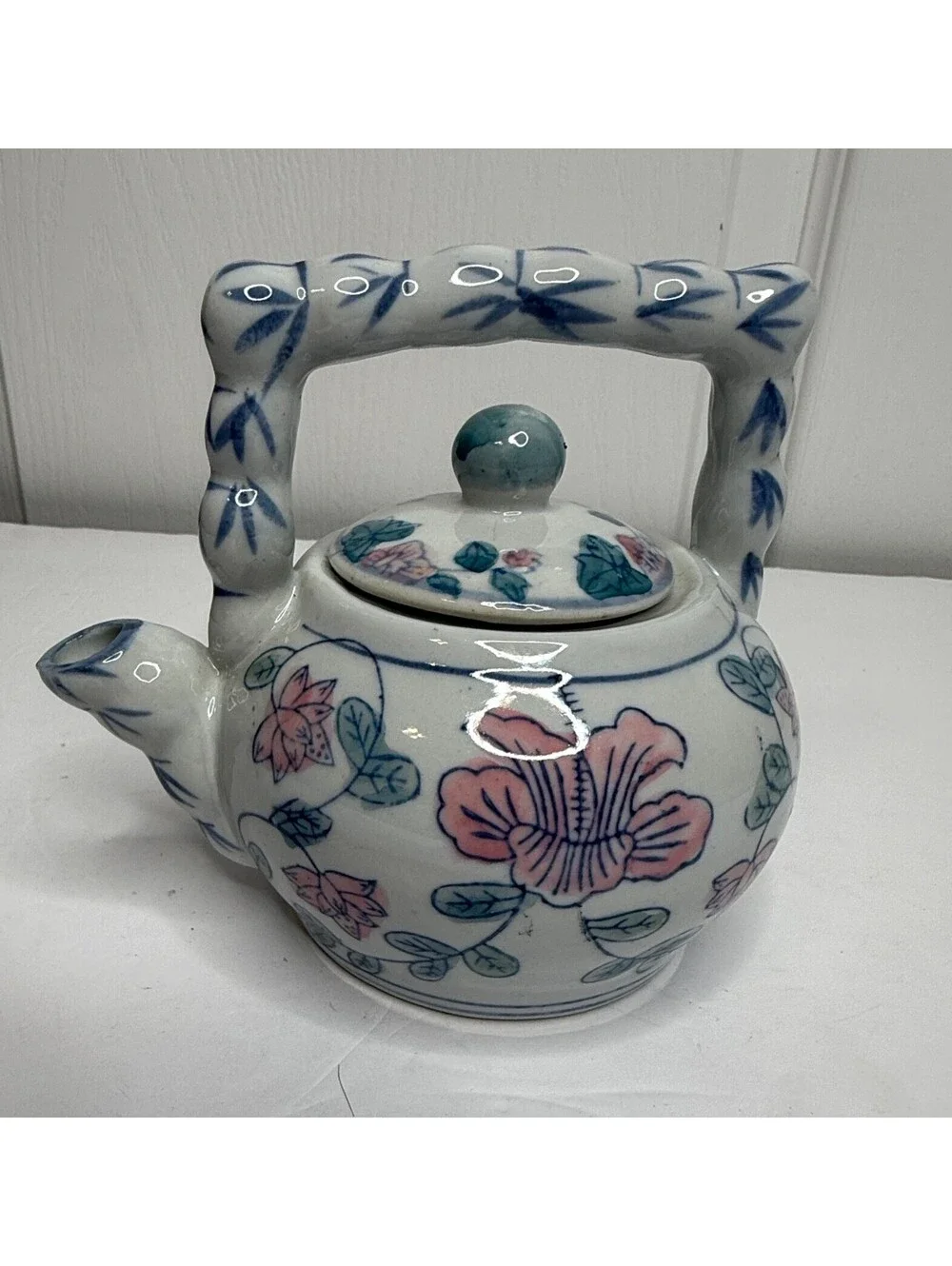 Vintage Asian Style Floral Porcelain Teapot Bamboo Style Handle